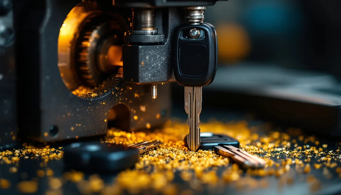 A car key held in a key cutting machine with brass shavings on the bench and finished keys lying beside it