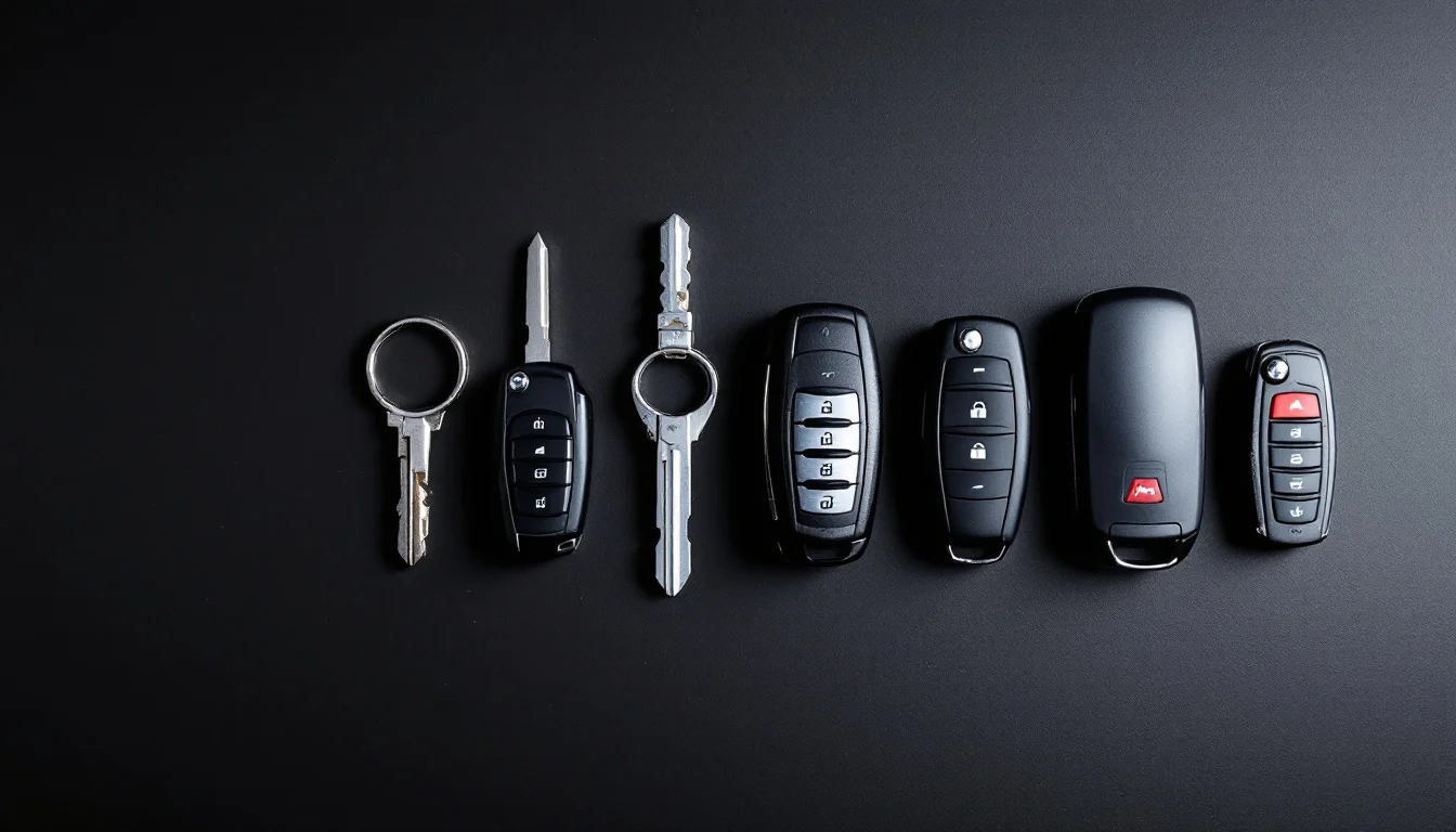 Several different car keys and key fobs laid out in a row on a dark workbench, from a plain blade key to a smart key