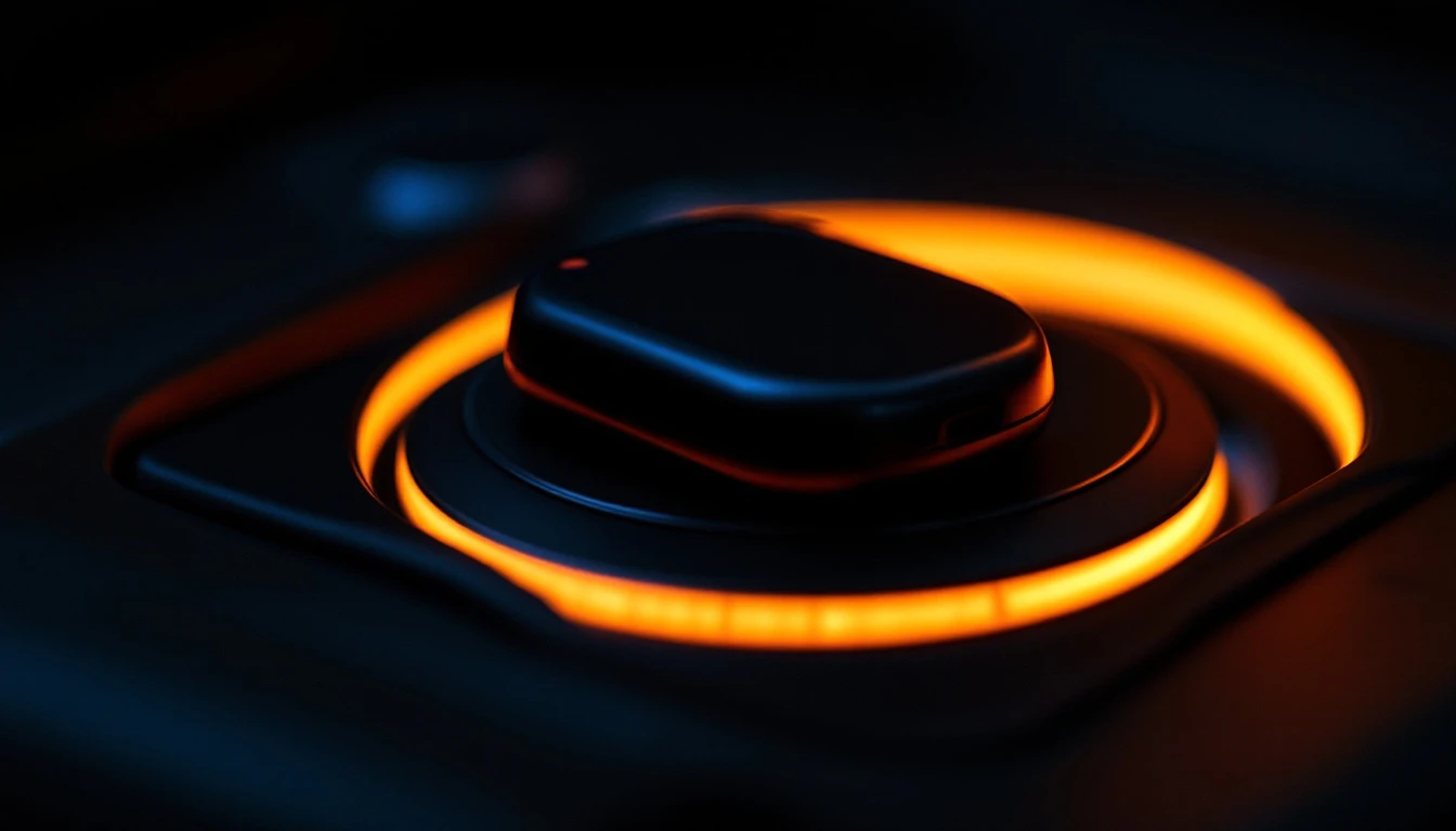 Smart key fob resting directly on an illuminated push-button start ring in a darkened car interior