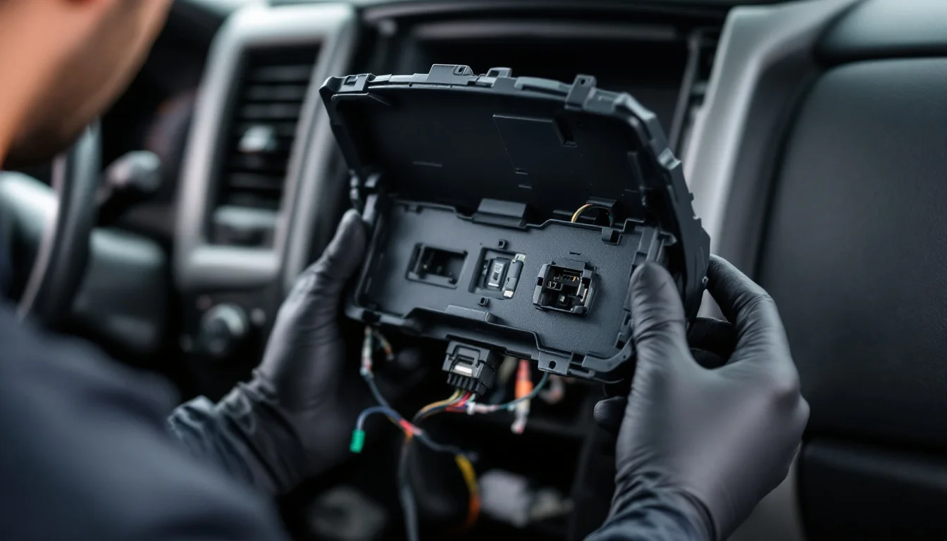 A technician in gloves holding a removed instrument cluster by its back housing in front of an open pickup truck dashboard