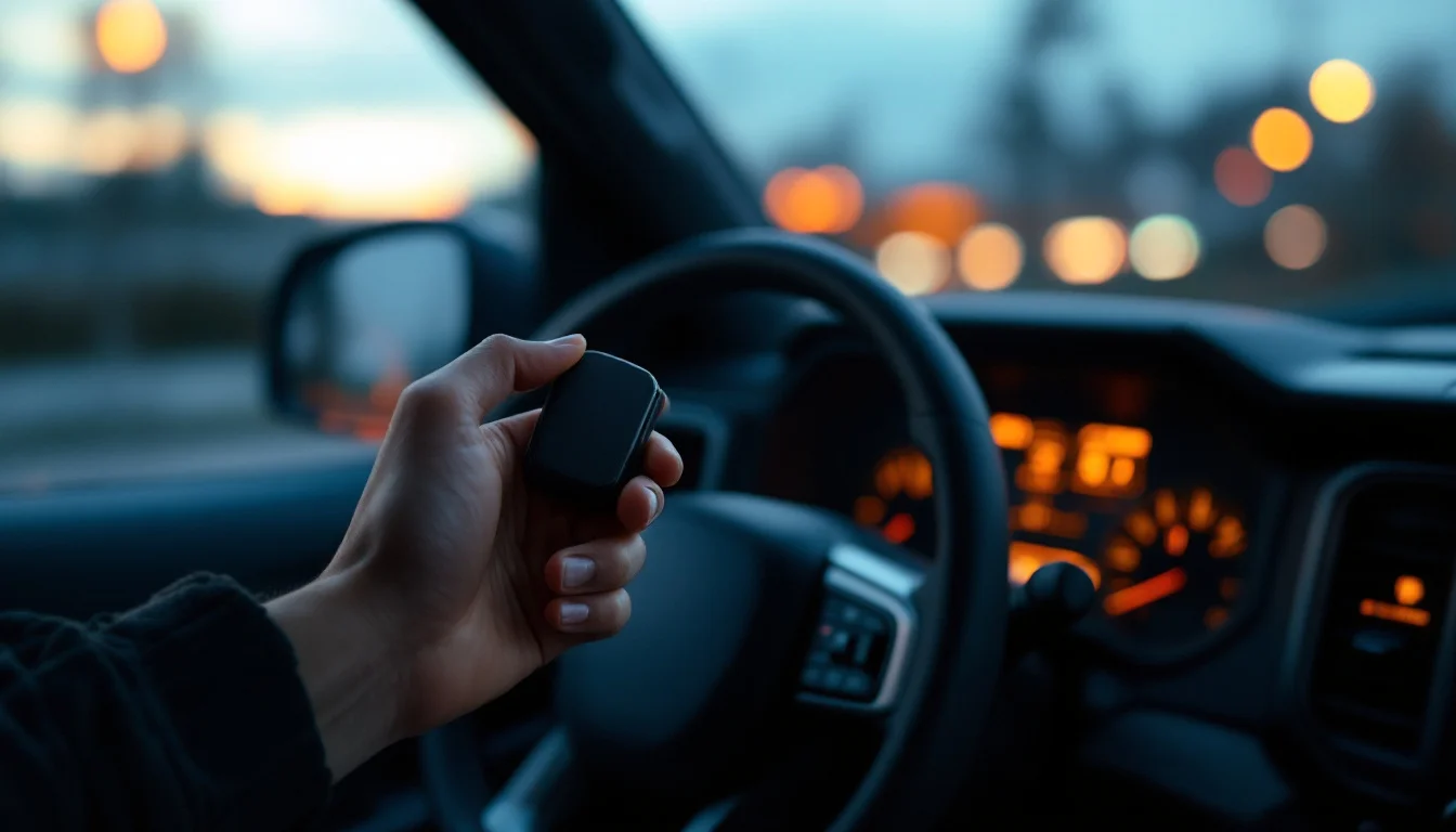 A driver holding a key fob near the steering wheel of a pickup truck at dusk with the dashboard glowing amber