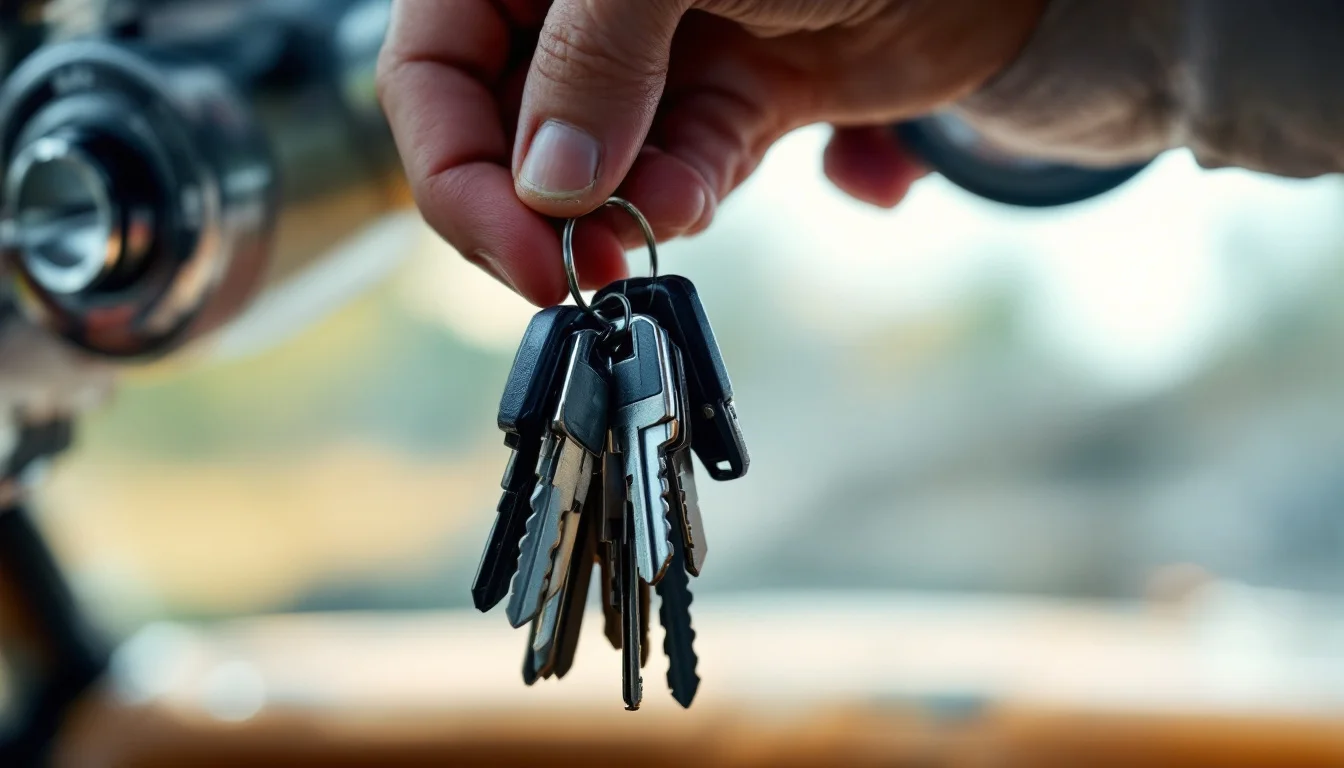 A hand holding a heavy ring of worn car keys beside the ignition cylinder on a steering column
