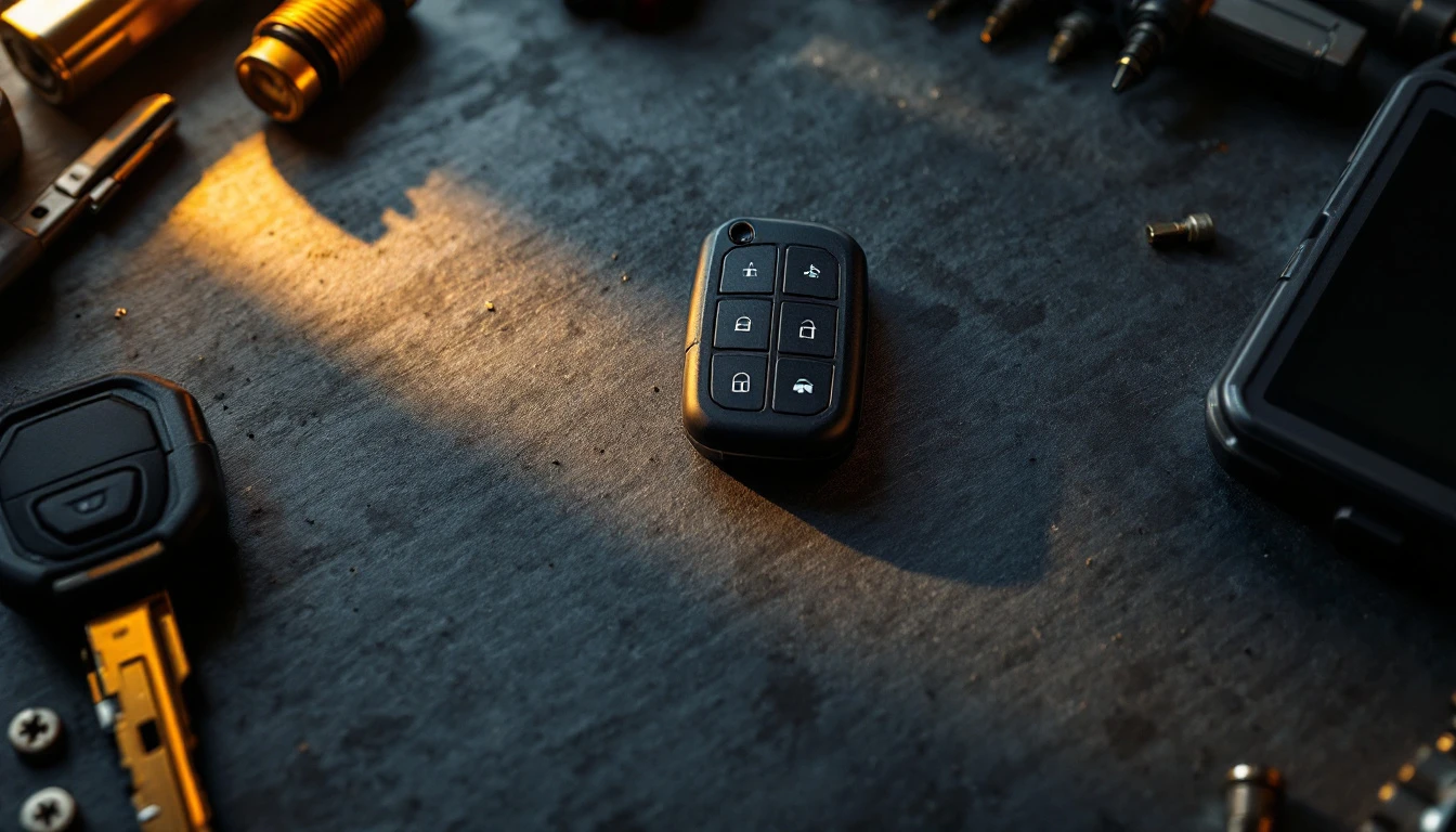 Toyota smart key fob and a cut transponder key on a workbench beside programming equipment in Fort Worth