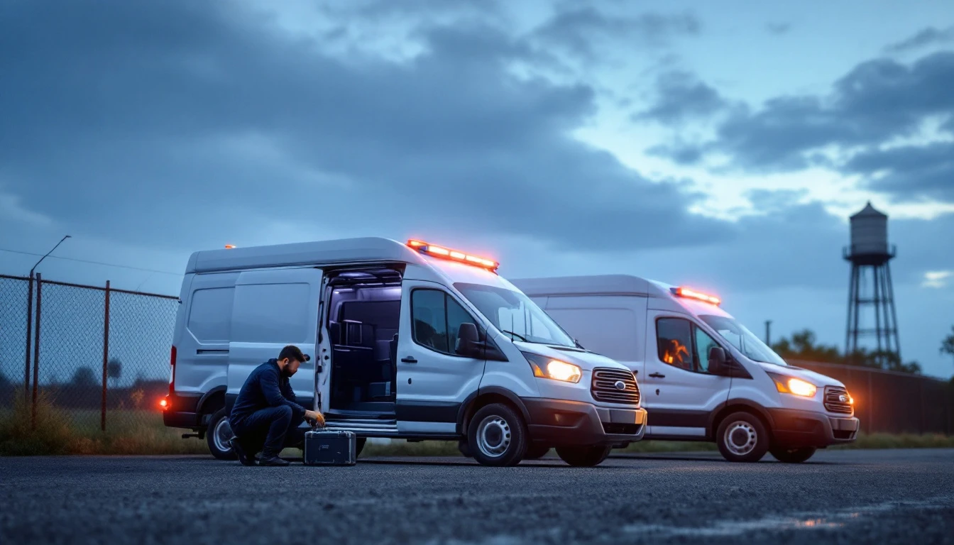 Commercial cargo vans parked at a Fort Worth work yard at dawn while a mobile locksmith works at the driver door